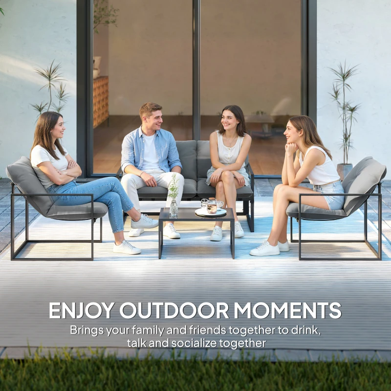 Outsunny 4 Piece Outdoor Furniture Set, Patio Conversation Set with Tempered Glass Table, Loveseat, Chairs, Cushions, Light Grey