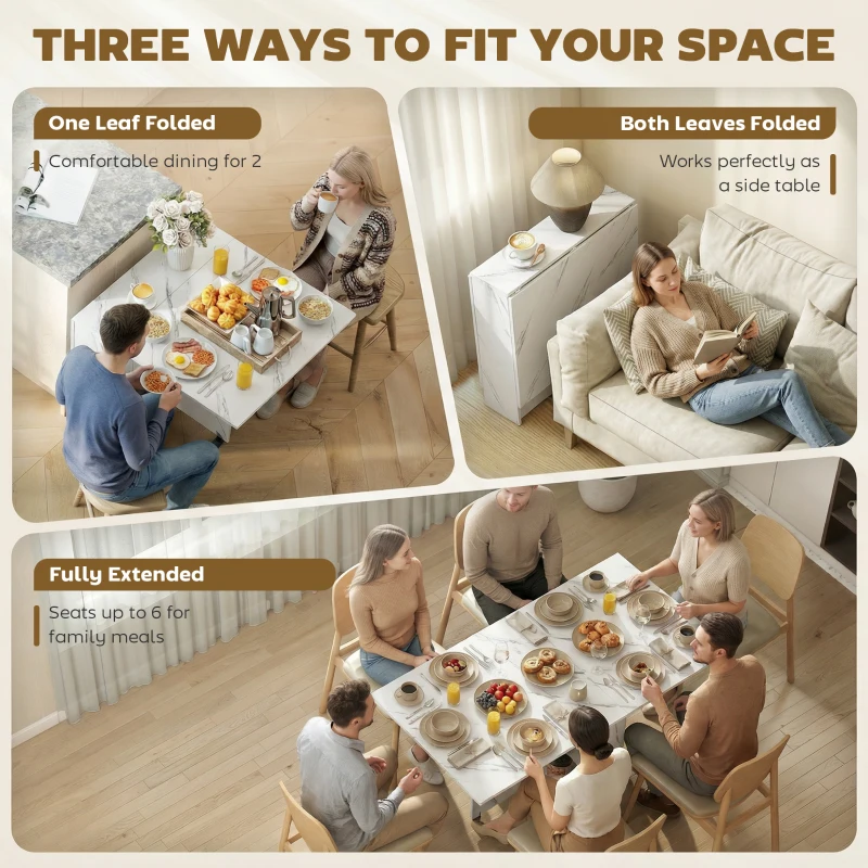 HOMCOM Extendable Dining Table, Collapsible Folding Table with 2-tier Shelves and Rolling Casters, Marble White