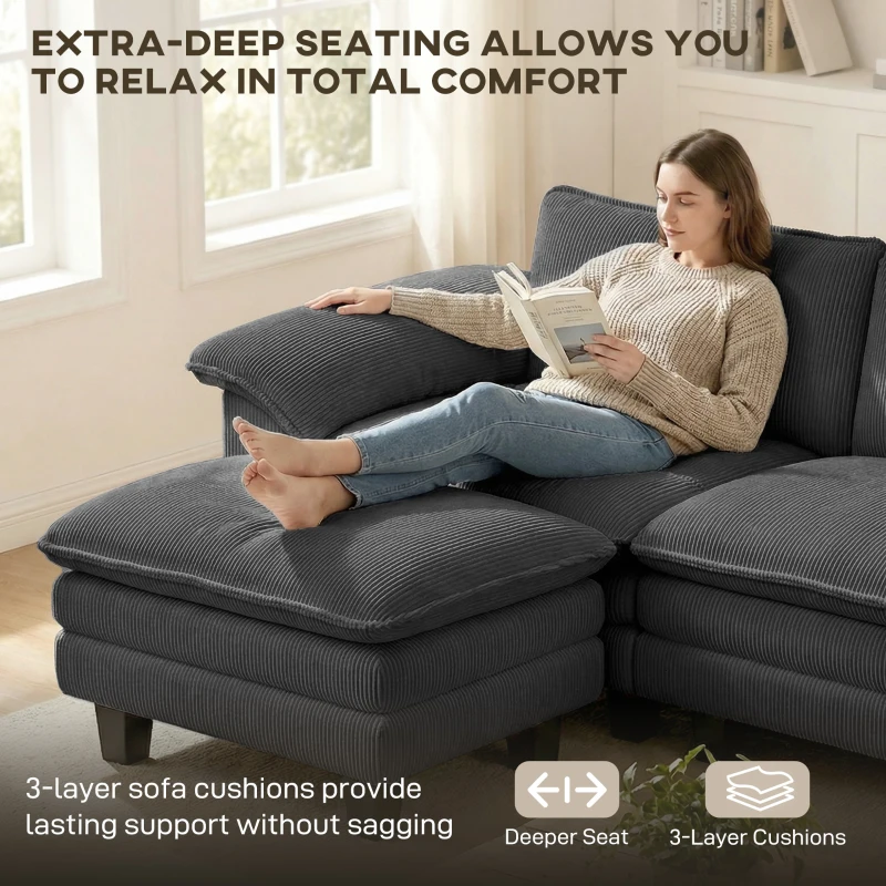 HOMCOM Sectional Sofa, L Shaped Couch with Deep Seat, Movable Ottoman and Pillow-top Armrests, Dark Grey