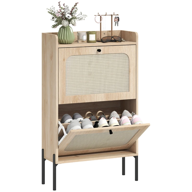 HOMCOM Shoe Cabinet with 2 Flip Drawers, Boho Narrow Shoe Storage Cabinet, Oak