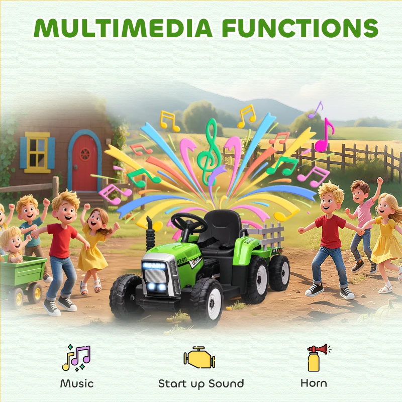 Aosom 12V Kids Ride on Tractor with Trailer, Battery Powered Electric Kids Car with Remote Control, Music Start up Sound and Horn, USB, LED Lights, Green