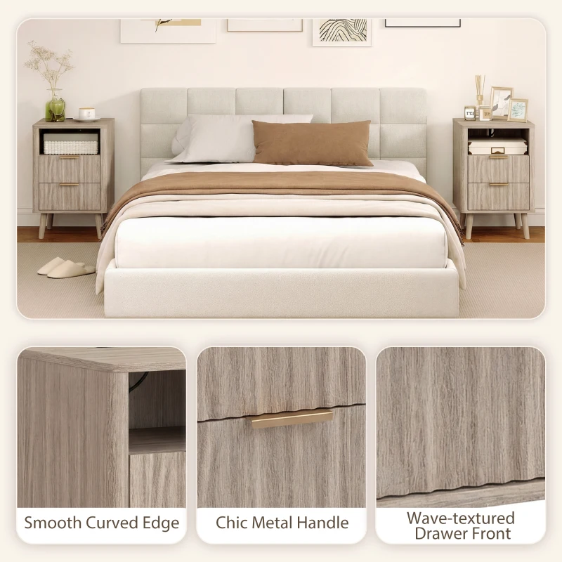 HOMCOM Nightstands Set of 2, Modern Bedside Tables with Charging Station, 2 Drawers and Open Shelf, Grey