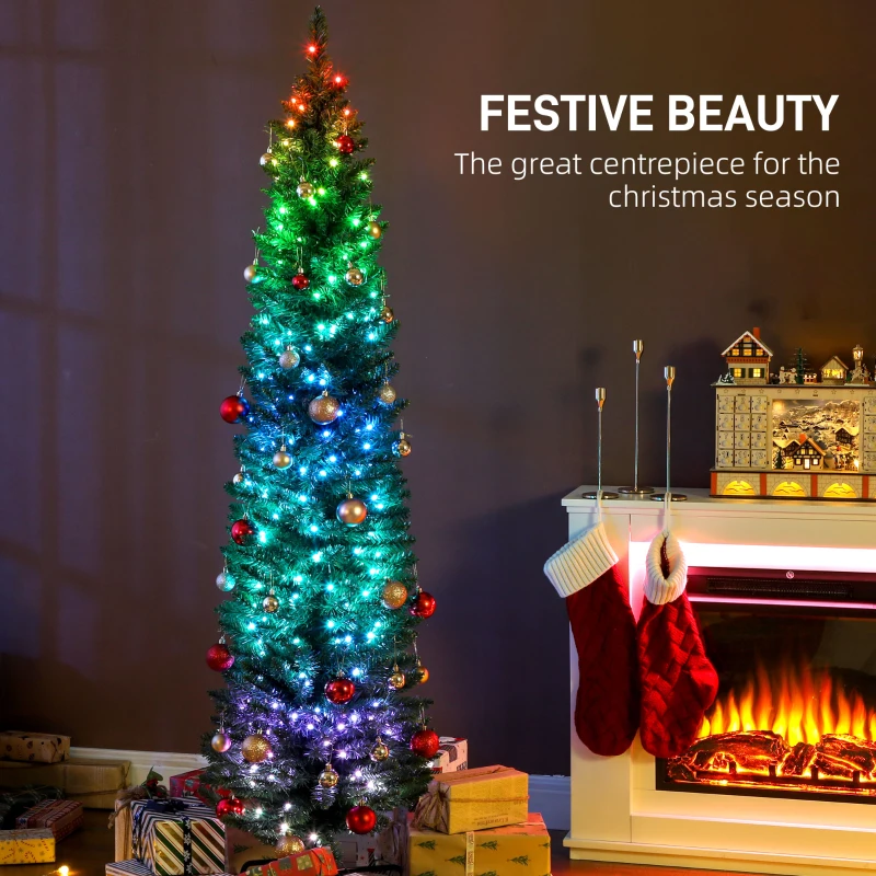 HOMCOM 6ft Christmas Tree with Colourful DIY Synchronized LEDs, Hinged Pencil Xmas Tree with Remote, Daily Timer, Green