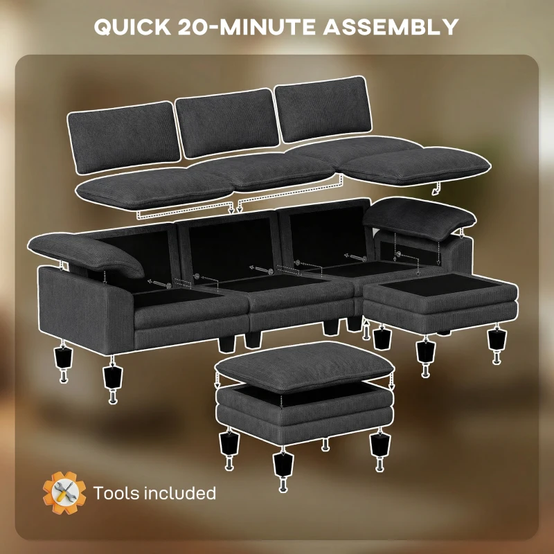 HOMCOM Sectional Sofa, L Shaped Couch with Deep Seat, Movable Ottoman and Pillow-top Armrests, Dark Grey