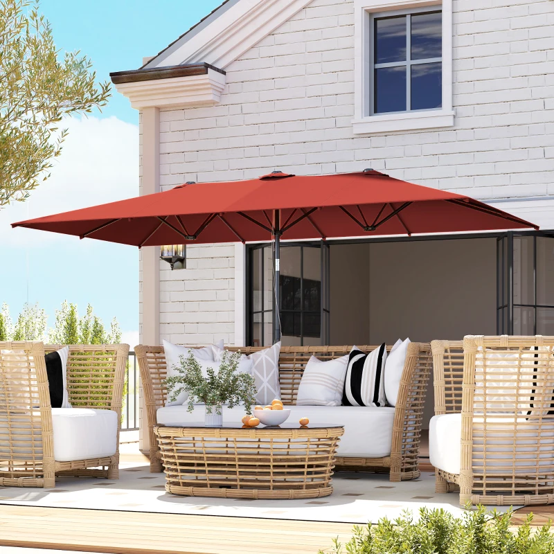 Outsunny Double-Sided Patio Umbrella Parasol with Tilt, Adjustable Height, Vents and 12 Ribs, for Garden, Deck, Pool, Wine Red