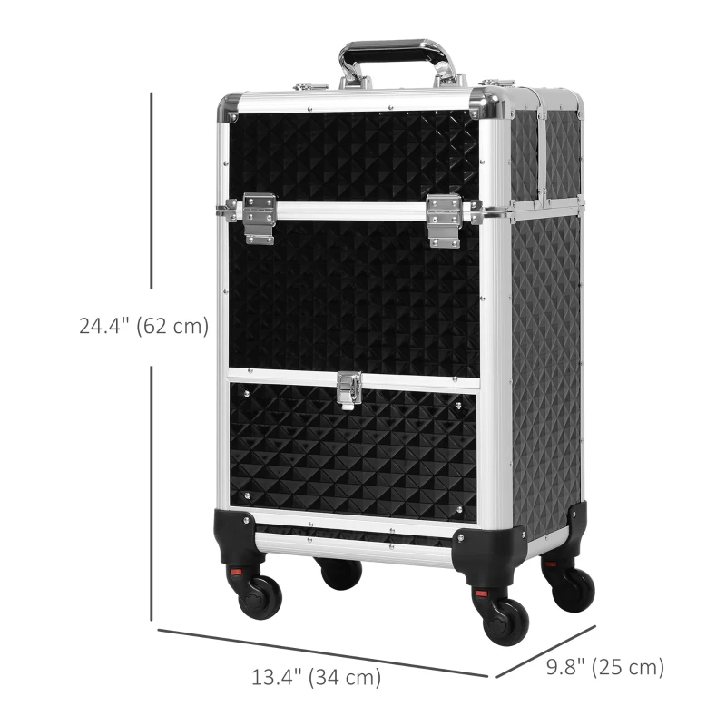 HOMCOM Portable Aluminum Makeup Train Cases, Rolling Makeup Case, Salon Beauty Cosmetic Jewelry Organizer Trolley with 4 Wheels, Black