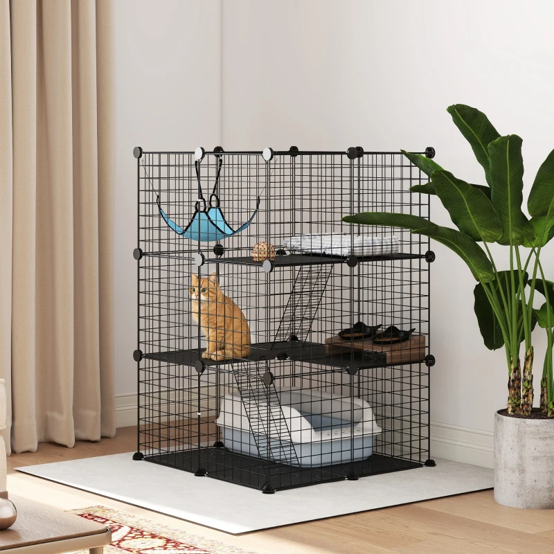 PawHut 3 Tier Cat Cage Crate, DIY Pet Playpen with 3 Doors, Ladders, Hammock, Platforms, Indoor Playpen for Kittens, Black