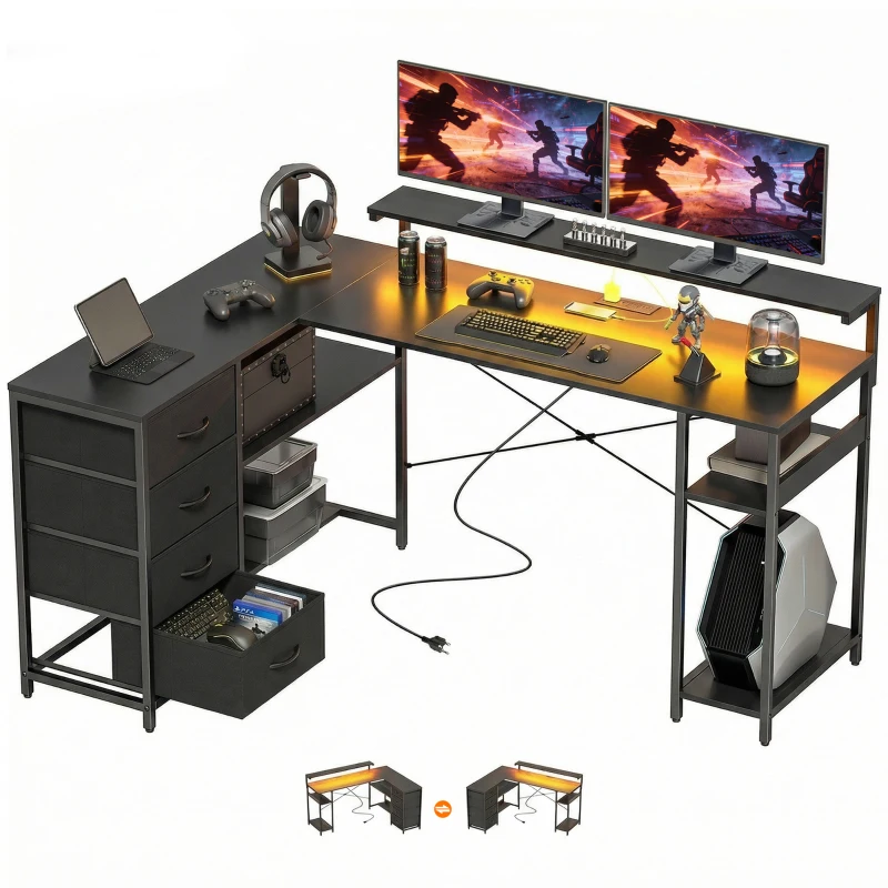 HOMCOM Gaming Desk with Power Outlets LED Lights Computer Desk with Drawers Monitor Stand 61" Black