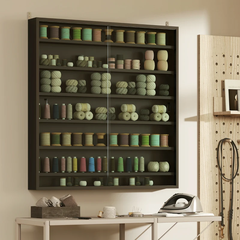 HOMCOM 7-Tier Display Cabinet, Shot Glass Display Case, Glass Curio Cabinet with 2 Glass Doors and 6 Adjustable Shelves, Black