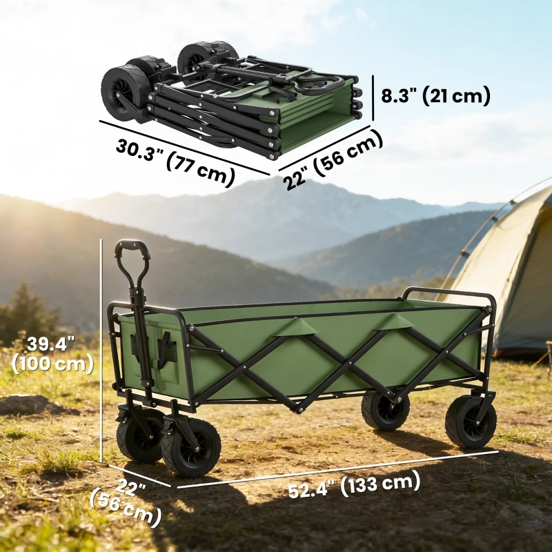 Outsunny 130L Folding Garden Cart with Wheels, Heavy-Duty Collapsible Wagon with Brakes, Green