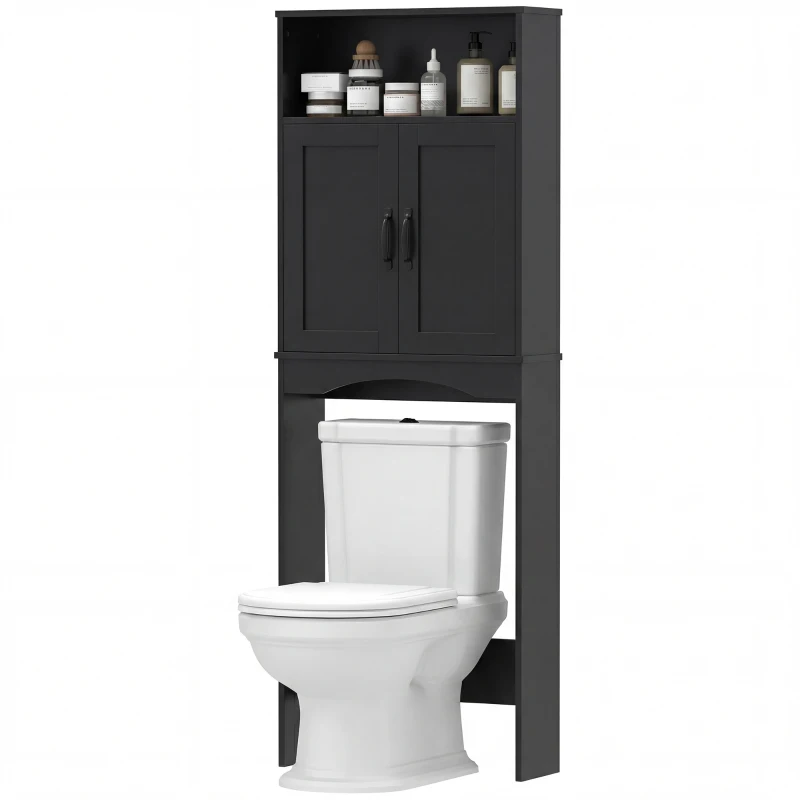 HOMCOM Over the Toilet Storage Cabinet Freestanding Bathroom Organizer with 2 Doors and Open Shelf Black