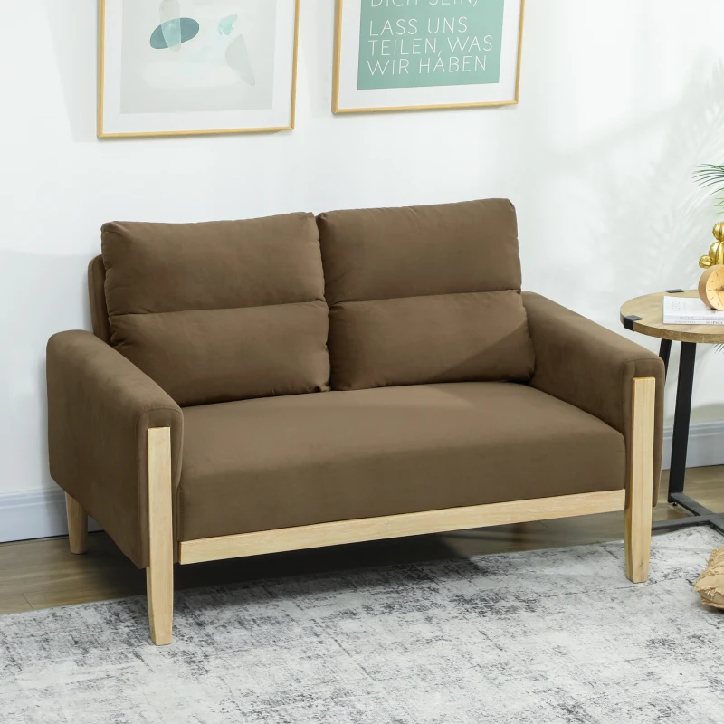 HOMCOM 53" Loveseat Sofa, Small 2 Seater Couch with Solid Wood Legs, Modern Velvet Sofa for Living Room, Small Spaces,Brown