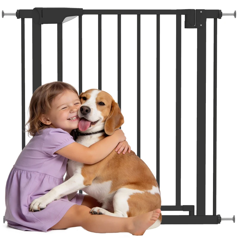PawHut Baby Gate, Pet Safety Gate Pressure Fit, 30"-32" Wide with Two-Way Open, Auto-Close for Stair, Doorways, Hallways, Black