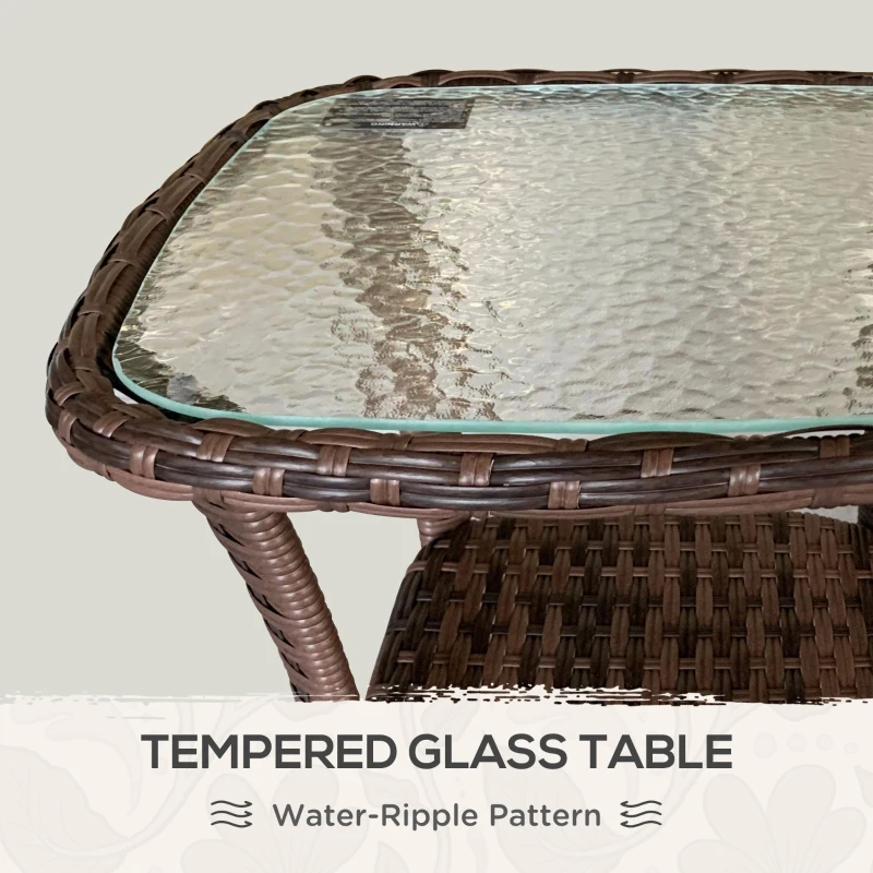 Outsunny Outdoor Coffee Table with Storage Shelf, Hand-Woven Wicker Side Table with Water-Ripple Glass Top, Mix Brown