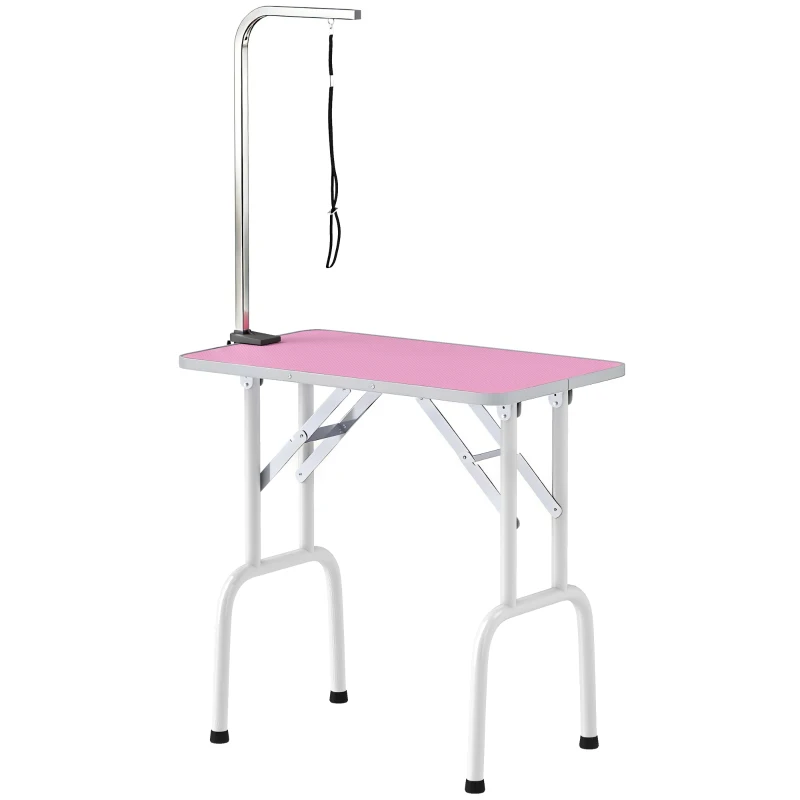 PawHut Foldable Pet Grooming Table for Dogs Cats with Adjustable Arm, Non-slip Surface, Pink