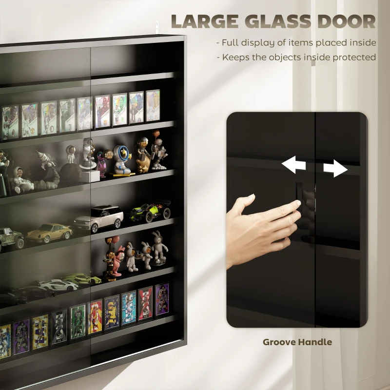 HOMCOM 7-Tier Display Cabinet, Shot Glass Display Case, Glass Curio Cabinet with 2 Glass Doors and 6 Adjustable Shelves, Black