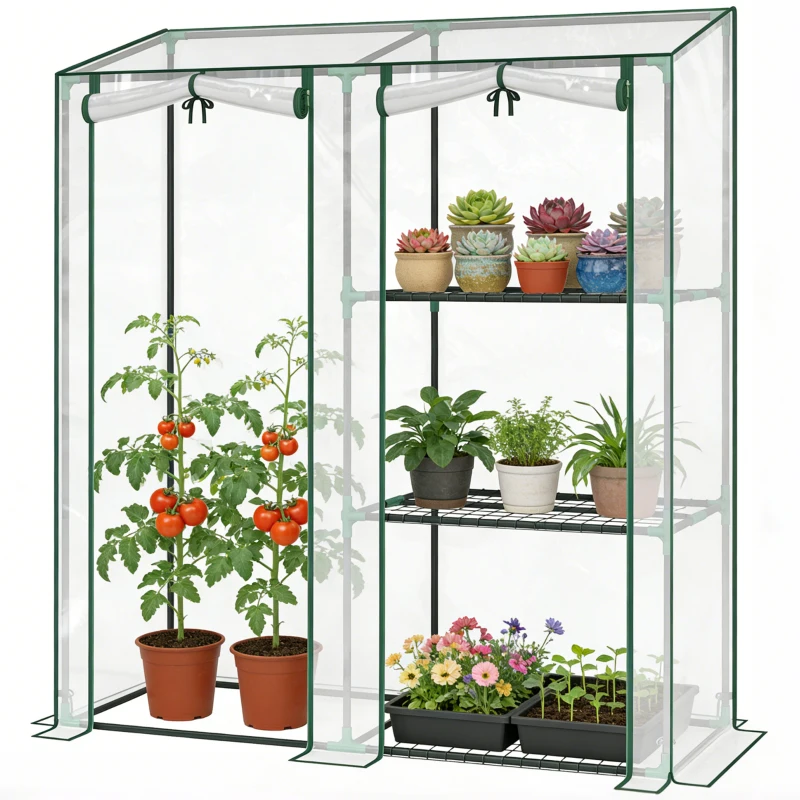 Outsunny Mini Greenhouse, Portable Greenhouse with 3 Shelves, 2 Roll-up Doors, 56.3" x 17.7" x 59.4", Clear