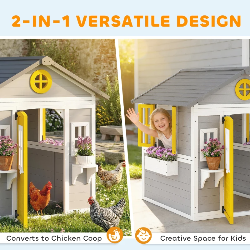Outsunny Wooden Playhouse for Kids Outdoor with Door, Windows, Planter Pots and Boxes for Toddlers 3-8 Years, Grey
