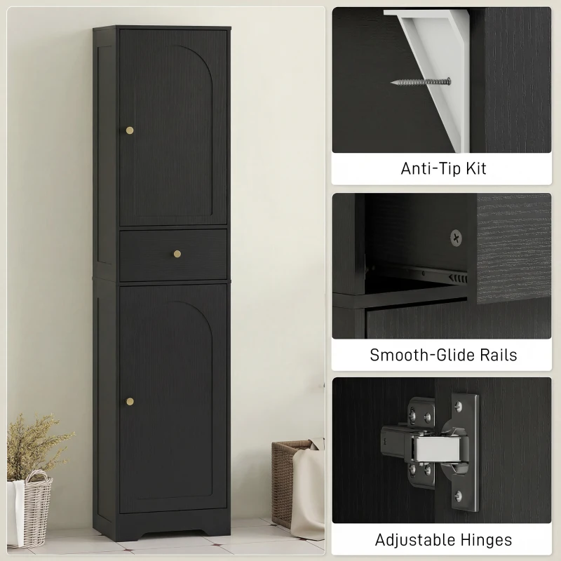 HOMCOM 67" Tall Bathroom Cabinet, Slim Bathroom Storage Cabinet with 2 Doors, Drawer and Adjustable Shelf, Black Wood Grain