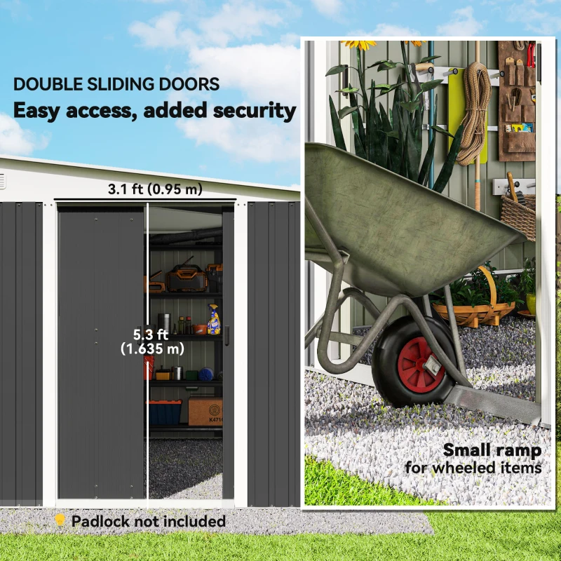 Outsunny 11' x 9' Steel Garden Storage Shed, Outdoor Metal Tool House with Double Sliding Doors, Dark Grey