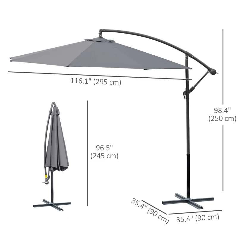 Outsunny Φ10' Deluxe Patio Umbrella Outdoor Market Parasol Banana Hanging Offset Sunshade Crank Cross Base Grey