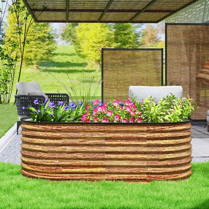 Outsunny 5 x 2.5 x 2 ft Galvanized Raised Garden Bed, Easy DIY Oval Planter Box with Safety Edging and Gloves, Brown Wood Effect
