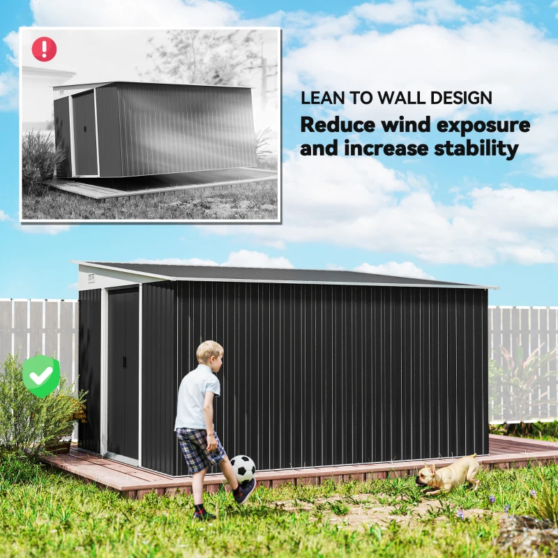 Outsunny 11' x 9' Steel Garden Storage Shed, Outdoor Metal Tool House with Double Sliding Doors, Dark Grey