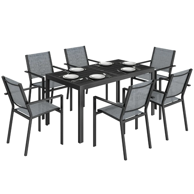 Outsunny Outdoor Dining Set for 6, Faux Wood Metal Patio Table and Mesh Stackable Chairs with Umbrella Hole, Black