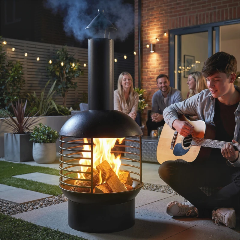 Outsunny Outdoor Fire Pit, Portable Wood Burning Firepit with Poker, Charcoal Grid, Modern Chimney Design Fireplace, Black