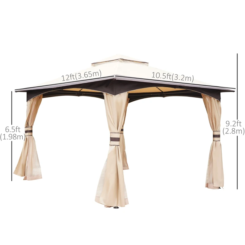 Outsunny 10' x 12' Soft-top Large Gazebo Canopy Tent with Double Canopy Roof Eaves, Mesh Netting Sidewalls, Steel Frame, Beige
