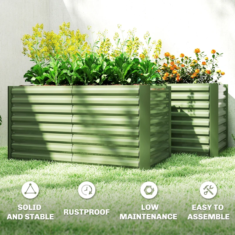 Outsunny Set of 2 Galvanized Metal Planters for Outdoor Plants, 4' x 2' x 2' Raised Garden Bed, Light Green