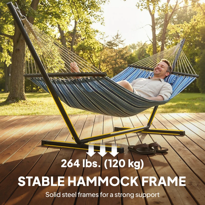 Outsunny Hammock with Stand Heavy Duty Camping Hammock with Steel Frame for Patio Backyard Blue and White