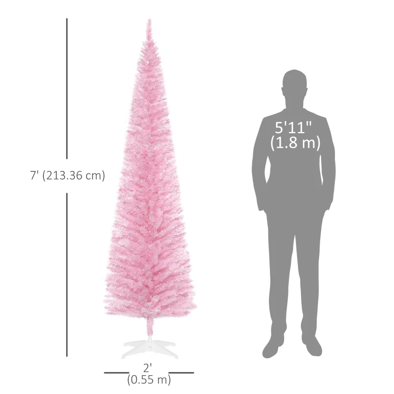 HOMCOM 7' Pencil Christmas Tree, Slim Artificial Xmas Tree with Realistic Branches, Sturdy Metal Stand, Pink