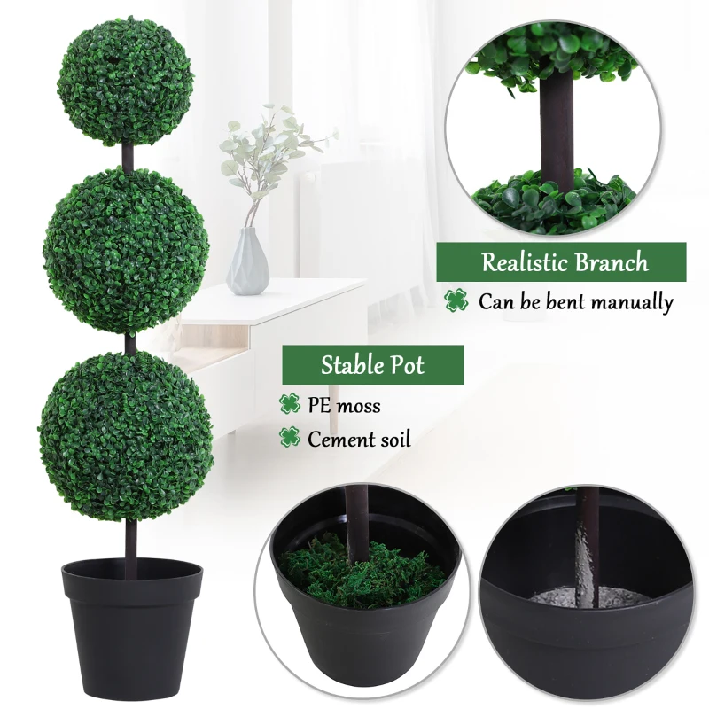 Outsunny Set of 2 Artificial Ball Boxwood Topiary Trees, 44.1" Fake Plants in Pots for Outdoor Indoor Decor, Dark Green