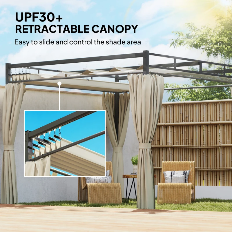 Outsunny 10' x 10' Outdoor Gazebo, Retractable Pergola Canopy with Curtains, UPF30+ Free Standing Metal Pergola Kit, Beige