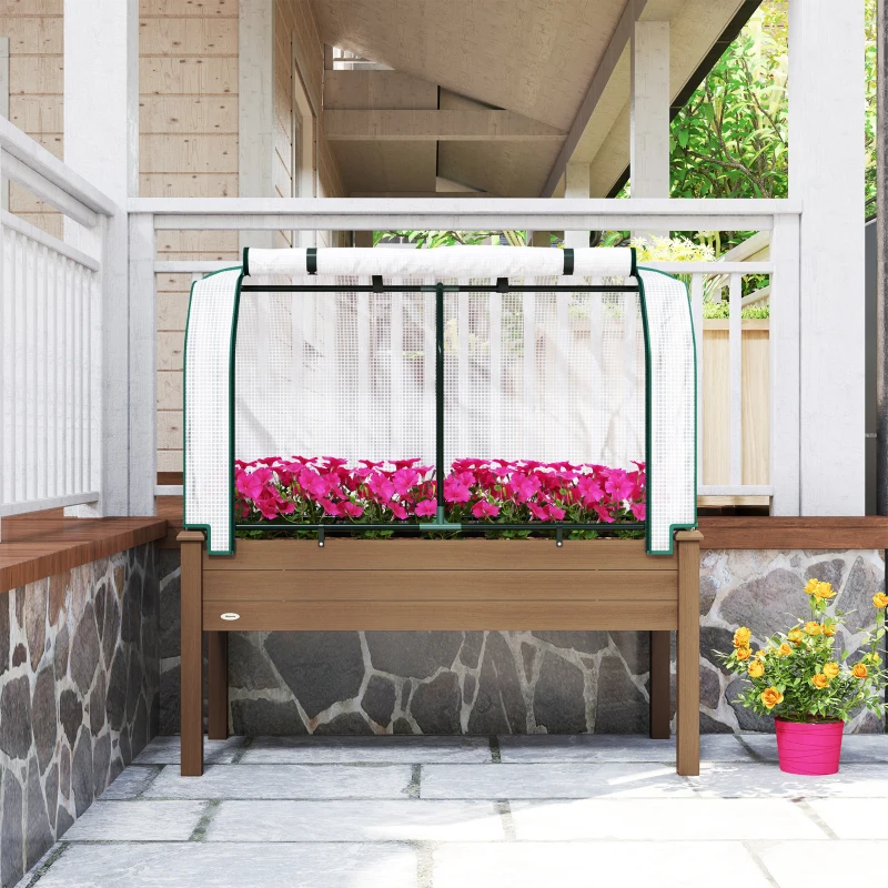 Outsunny Raised Garden Bed with PE Greenhouse Cover Outdoor Elevated Wood Planter Box for Herbs and Vegetables Brown