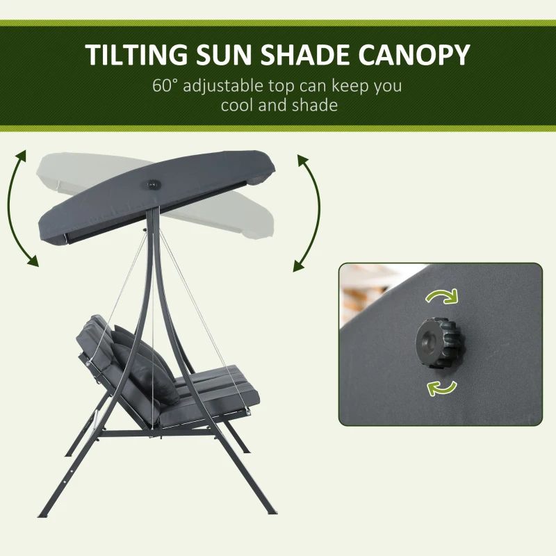 Outsunny 3-Person Patio Swing Chair, Outdoor Porch Swing Bench with Adjustable Canopy, Cushioned Seat, Dark Grey
