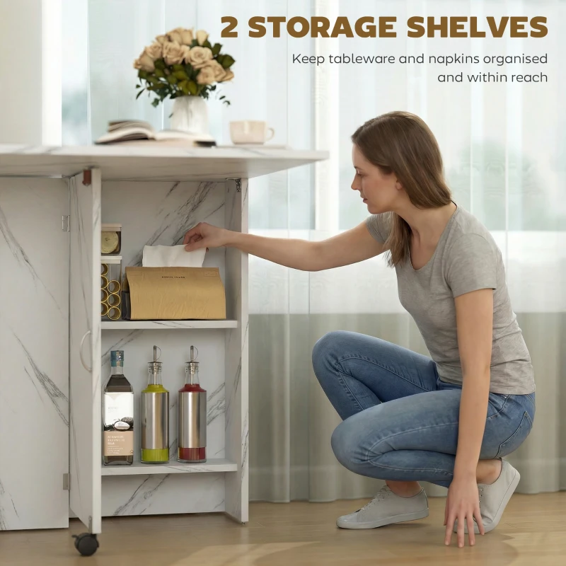 HOMCOM Extendable Dining Table, Collapsible Folding Table with 2-tier Shelves and Rolling Casters, Marble White