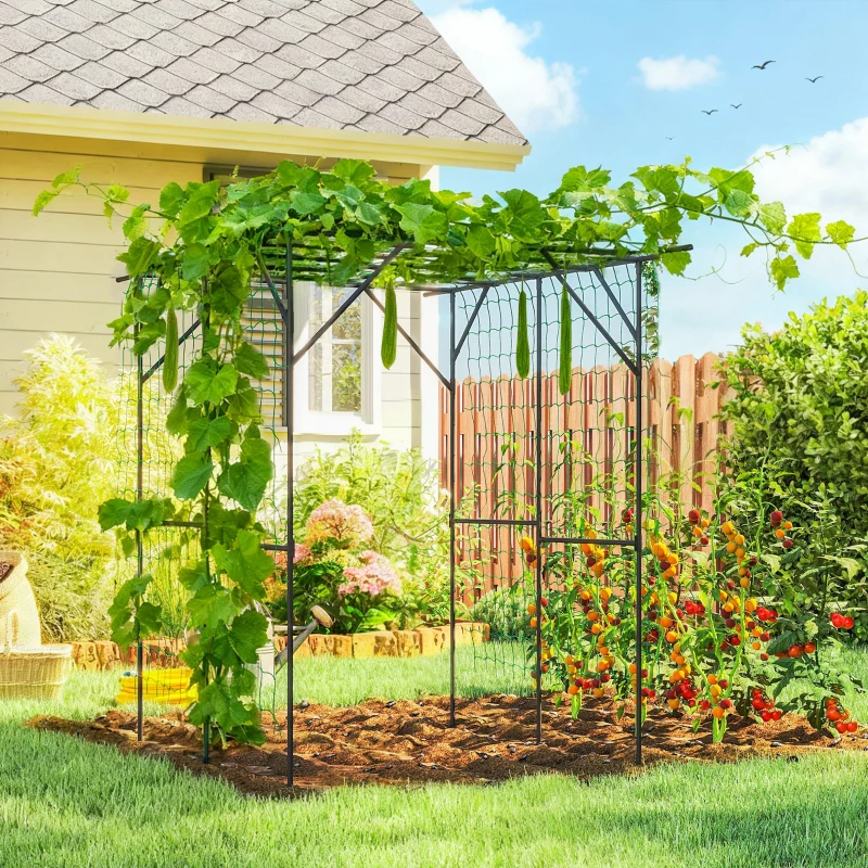 Outsunny Garden Arch Trellis, 6.4FT Tall Metal Plant Support Trellis Archway with Climbing Net for Climbing Plants