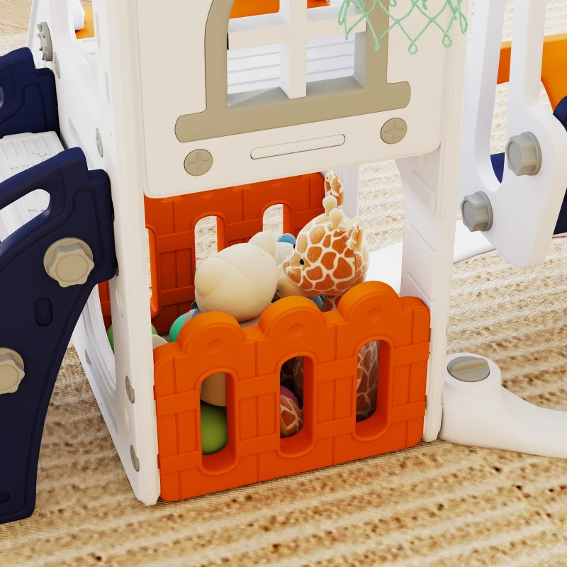 Qaba 6-in-1 Slide and Swing Set Baby Swing Playset Indoor with Basketball Hoop, Climber, Storage Space, Telescope, Orange