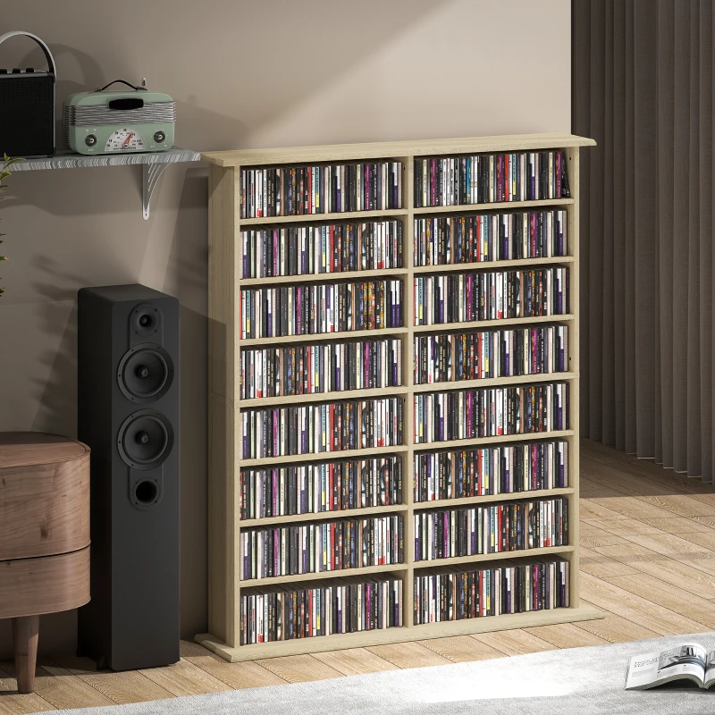HOMCOM 8-Tier DVD Shelf with 12 Adjustable Shelves, Double CD Shelf, Holds 720 CDs, 396 DVDs or 396 Blu-rays, Natural Wood