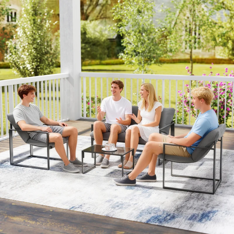 Outsunny 4 Piece Outdoor Furniture Set, Patio Conversation Set with Tempered Glass Table, Loveseat, Chairs, Cushions, Light Grey