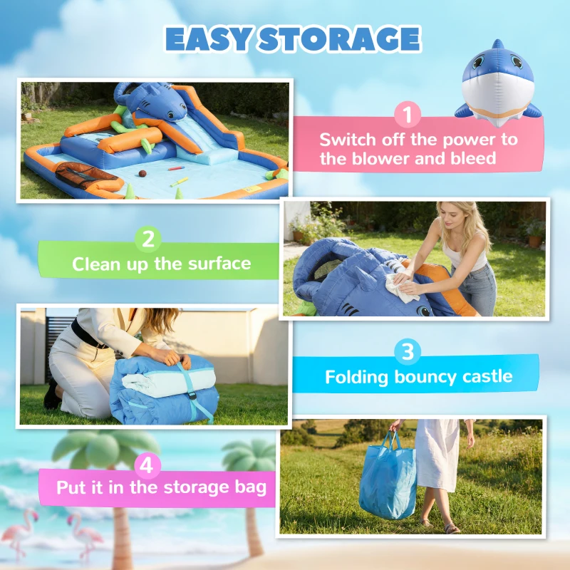 Qaba Inflatable Bounce House for Kids, Sharks Theme Jumping Bouncy Castle with Slide and Pool for Indoor Outdoor, Blue