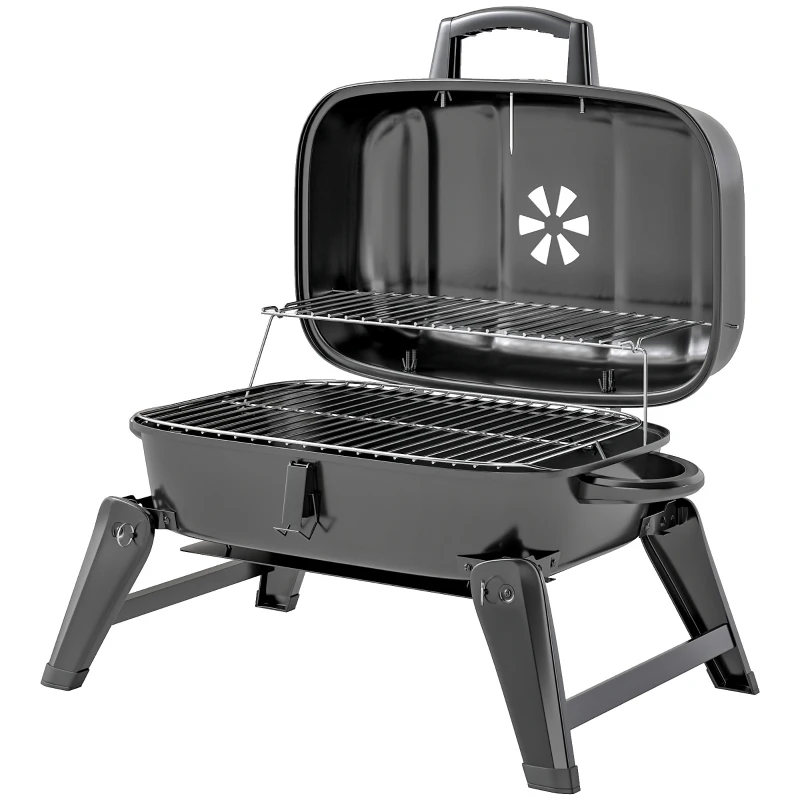 Outsunny Charcoal BBQ Grill, Foldable Barbecue Grill with Warming Rack, Adjustable Vent, Thermometer, Handles, Black