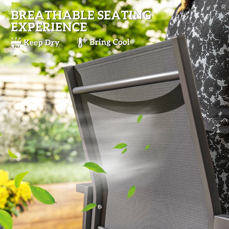 Outsunny Set of 2 Outdoor Garden Chairs, Stackable Patio Dining Chairs with Breathable Fabric, Armrests and Backrest, Dark Grey