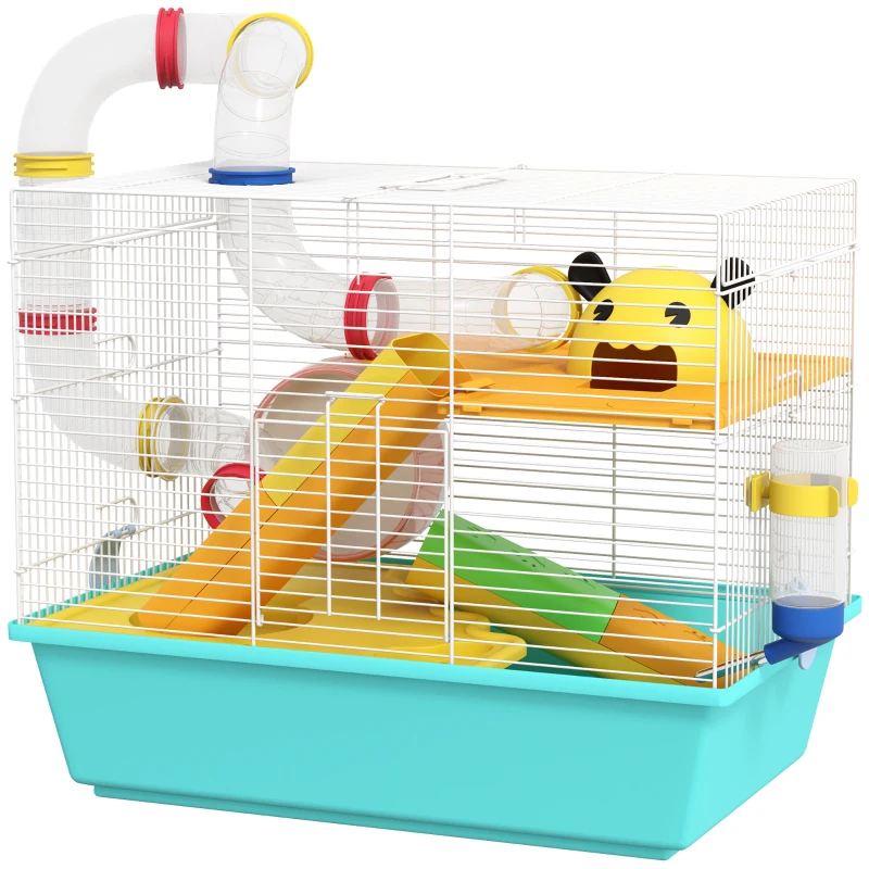 PawHut 3 Tiers Hamster Cage for Gerbil, Dwarf Hamster with Tunnels, Water Bottle, Exercise Wheel, 18" x 11" x 15" - Light Blue