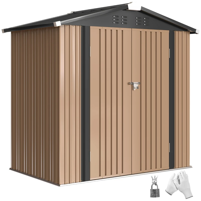 Outsunny 6.5' x 4'  Outdoor Storage Shed, Metal Garden Shed with Lockable Double Doors, 4 Vents, Brown