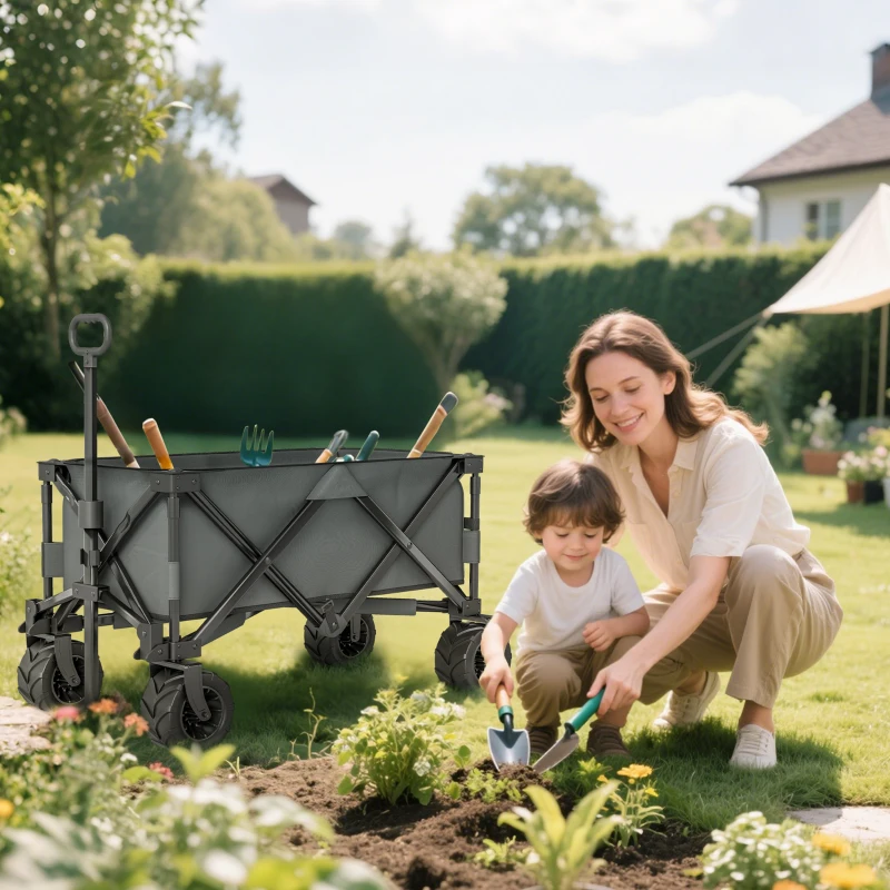 Outsunny Outdoor Pull Along Trailer Folding Camping Trailer for Beach Garden with Handle, Anti-Slip Wheel - Dark Grey