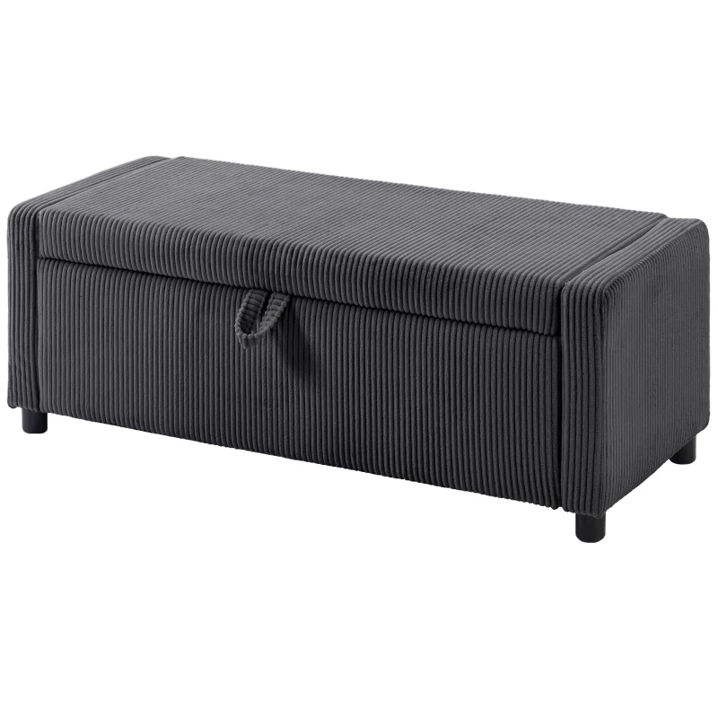 HOMCOM Storage Ottoman, Upholstered Corduroy End of Bed Bench with Thick Padding, Storage Bench for Bedroom, Dark Grey
