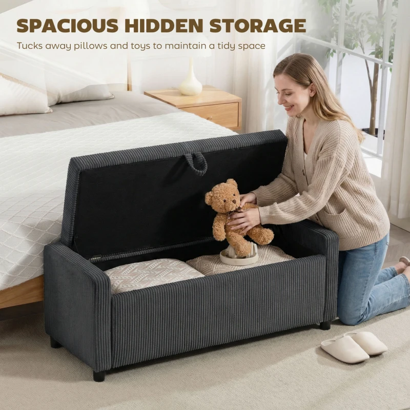HOMCOM Storage Ottoman, Upholstered Corduroy End of Bed Bench with Thick Padding, Storage Bench for Bedroom, Dark Grey